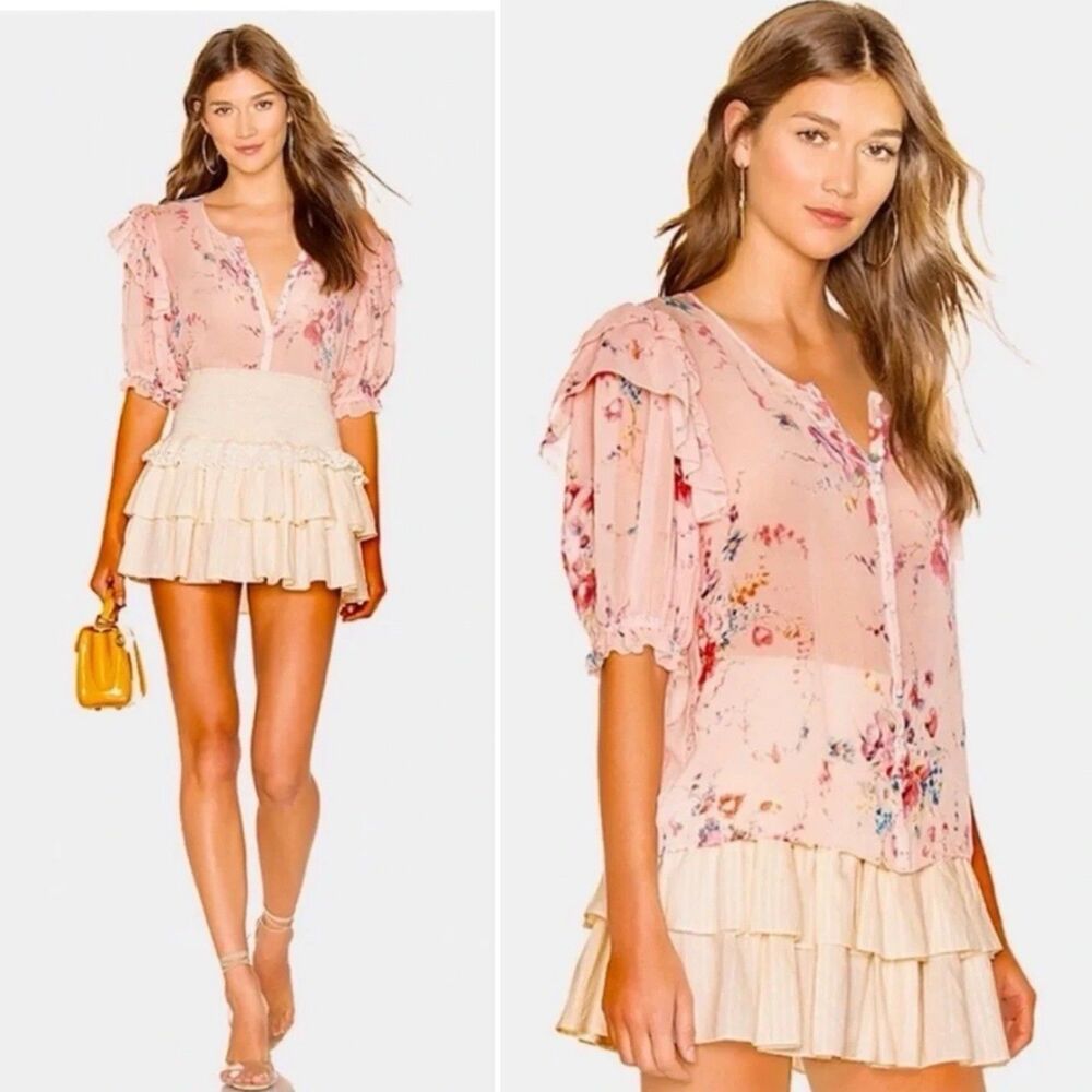 LoveShackFancy Shaye Silk Blouse Women’s XS Button Up Floral Romantic Sheer Top